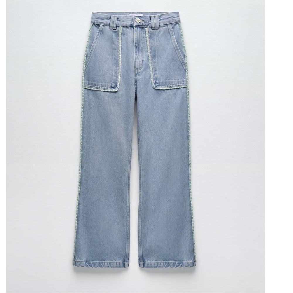 Zara Tweed Trim Floral Button Wide Leg Denim Jeans size 0 NWOT 70s chic retro